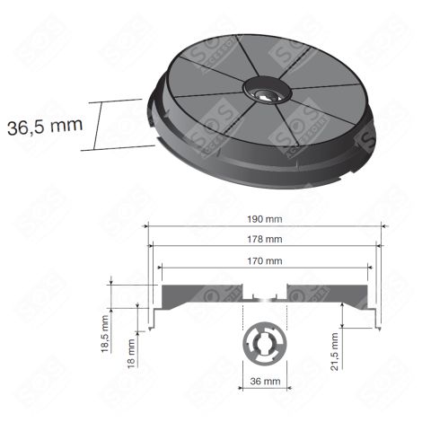 FILTRE CHARBON ROND TYPE 180 CR300 (À L'UNITÉ)   190X40 MM HOTTE - CR300, 484000008647